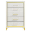 Jenny Tall Dresser Chest 5 Drawers Hairpin Legs Bar Handles White Gold By Casagear Home BM318898