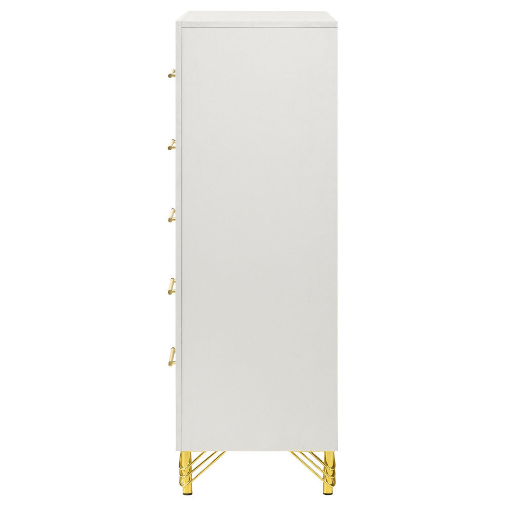 Jenny Tall Dresser Chest 5 Drawers Hairpin Legs Bar Handles White Gold By Casagear Home BM318898