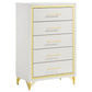 Jenny Tall Dresser Chest, 5 Drawers, Hairpin Legs, Bar Handles, White, Gold By Casagear Home