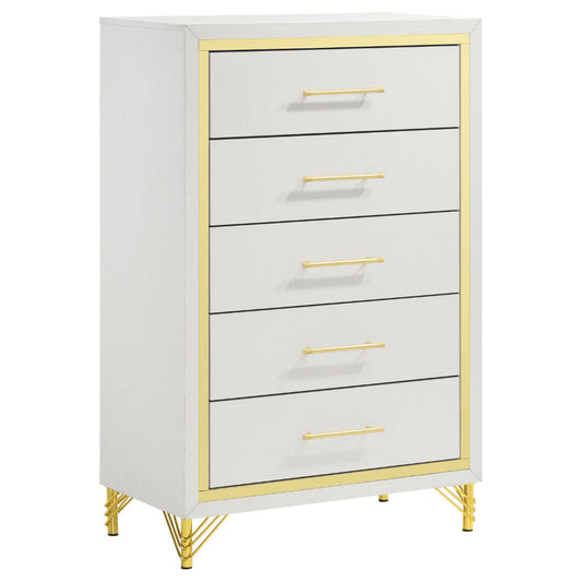 Jenny Tall Dresser Chest, 5 Drawers, Hairpin Legs, Bar Handles, White, Gold By Casagear Home