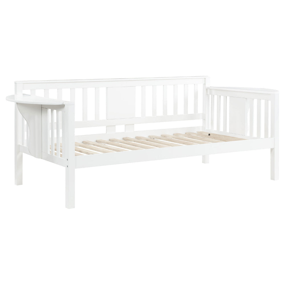 Daisy Twin Daybed, Drop Down Tables, Slats for Mattress, White Wood Frame By Casagear Home