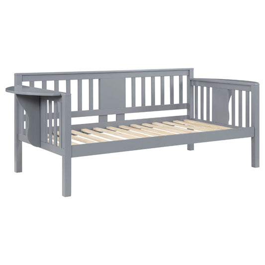 Daisy Twin Daybed, Drop Down Tables, Slats for Mattress, Gray Wood Frame By Casagear Home