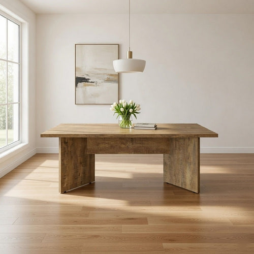 Lama Dining Table, 84 Inch Rectangular Top, V Shape Pedestal Base, Brown By Casagear Home