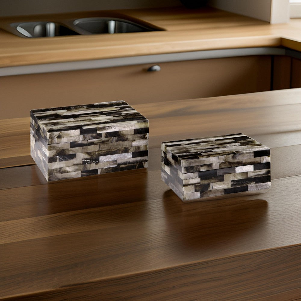 Foer Decorative Storage Box Set of 2 Black Brown Cream Mosaic Pattern By Casagear Home BM318926