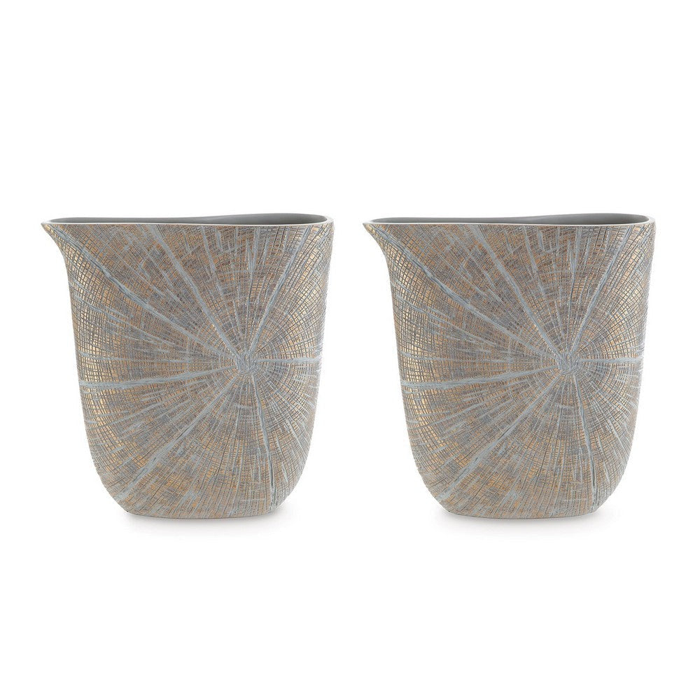 Denver Vase, Set of 2, 14 Inch, Starburst Pattern, Antique Gold Polyresin By Casagear Home