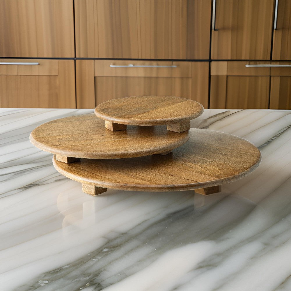 Ashley Piya Decorative Serving Tray Platter Set of 3, Brown Wood