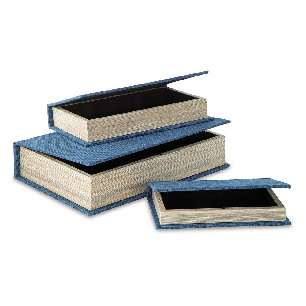 Ashley Jolly Decor Storage Box Set of 3 Blue Book Design Black Velvet Lining BM318931