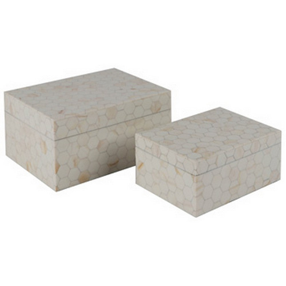 Alia Decor Storage Box Set of 2, Rectangular, Geometric White Wood Tones By Casagear Home