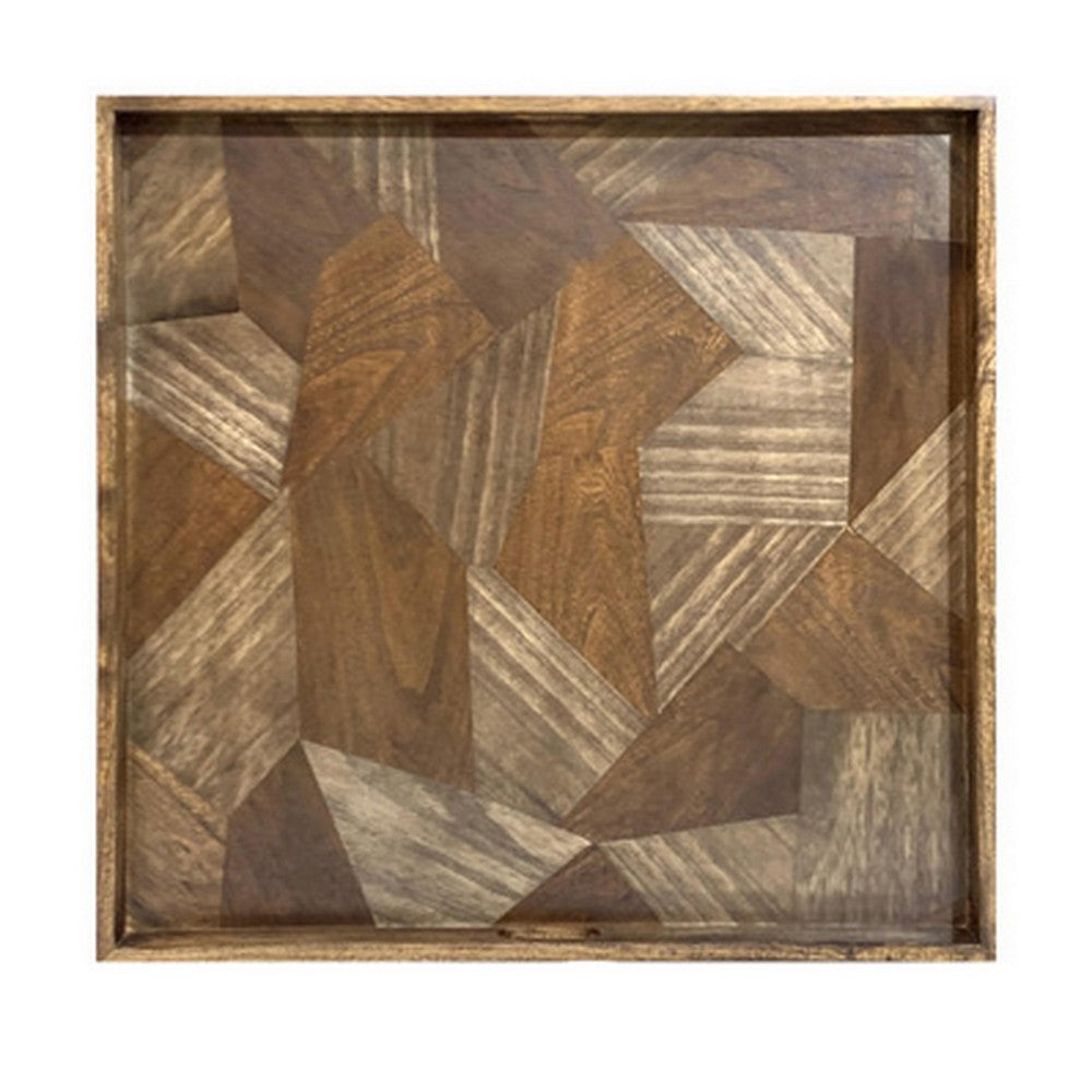 Hely Decorative Wood Tray, 27 Inch Square, Geometric Pattern, Brown Beige By Casagear Home