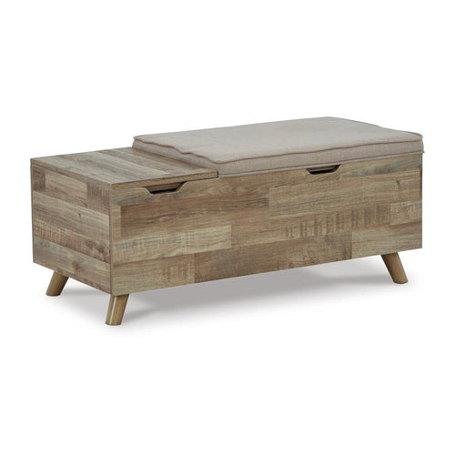 Ashley Gimi Storage Bench, Brown Wood, Beige Polyester, 39 Inch