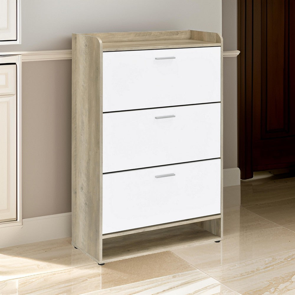 Danny Shoe Storage Cabinet, 3 Tiered, Bottom Shelf, Antiqued White Pine By Casagear Home