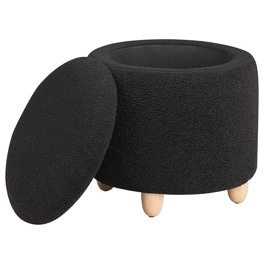 Aia 18 Inch Storage Ottoman Black Faux Sheepskin Round Rubberwood Feet By Casagear Home BM318995