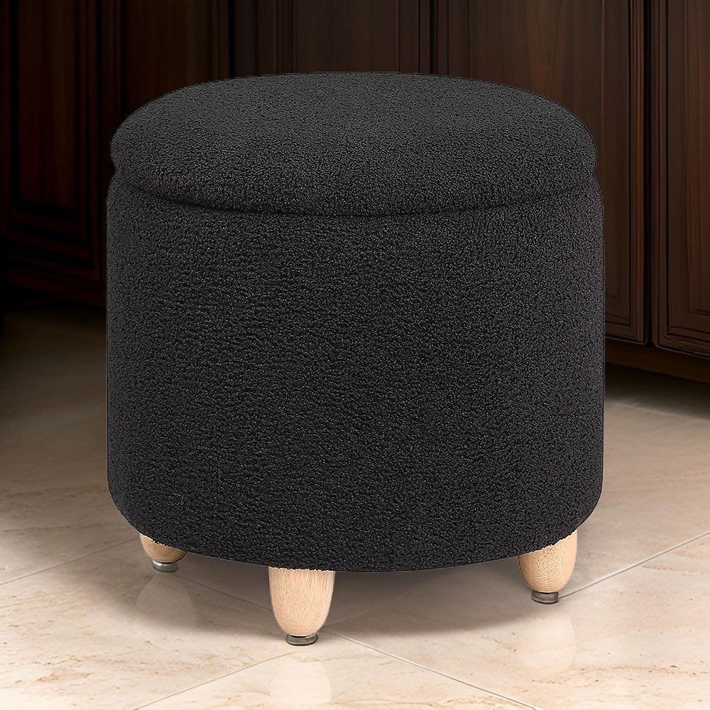 Aia 18 Inch Storage Ottoman Black Faux Sheepskin Round Rubberwood Feet By Casagear Home BM318995