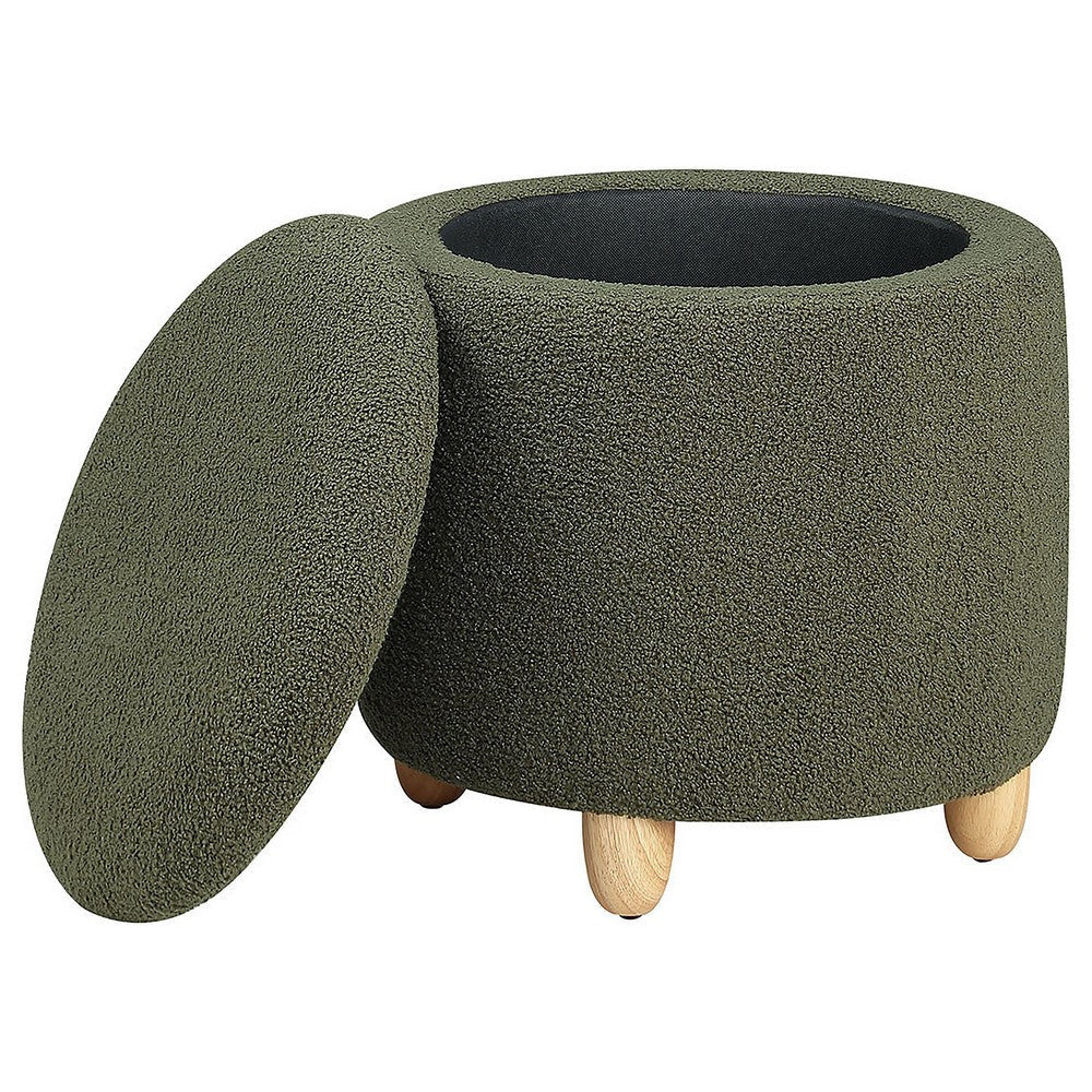 Aia 18 Inch Storage Ottoman Green Faux Sheepskin Round Rubberwood Feet By Casagear Home BM318996