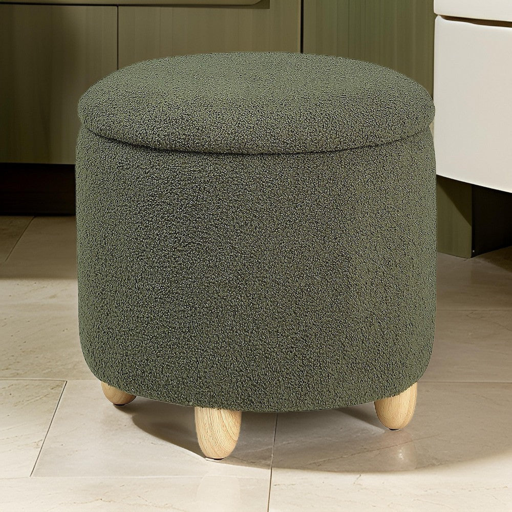 Aia 18 Inch Storage Ottoman Green Faux Sheepskin Round Rubberwood Feet By Casagear Home BM318996