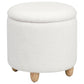 Aia 18 Inch Storage Ottoman, White Faux Sheepskin, Round Rubberwood Feet By Casagear Home