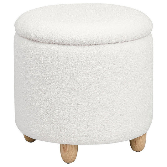 Aia 18 Inch Storage Ottoman, White Faux Sheepskin, Round Rubberwood Feet By Casagear Home