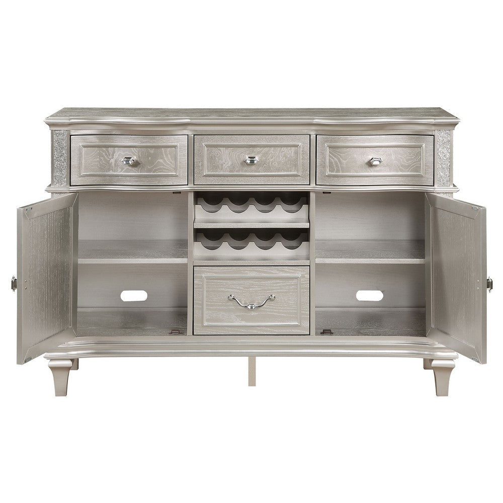 Nive 58 Inch Sideboard Server 4 Drawers Bottle Rack Faux Diamond Silver By Casagear Home BM319002