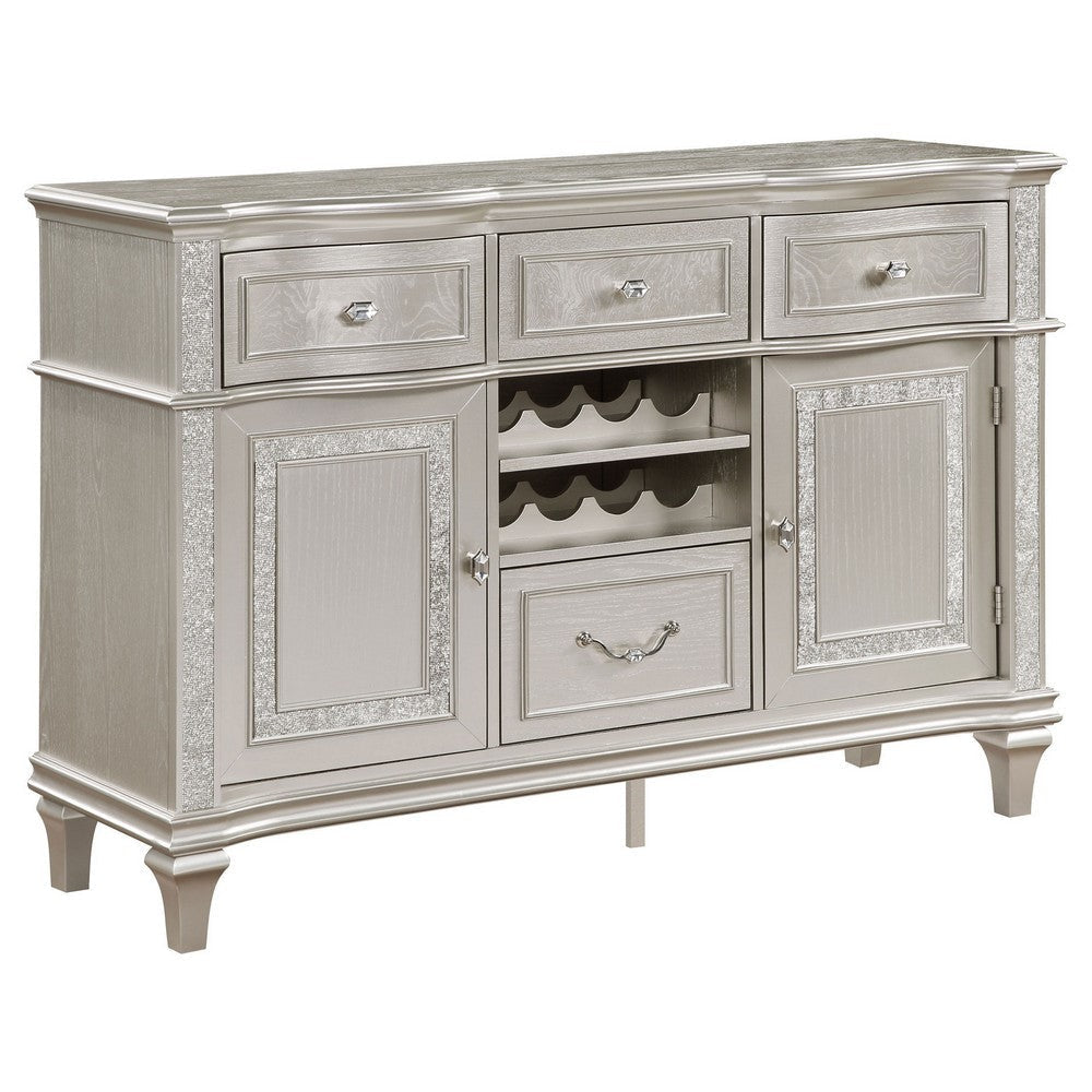 Nive 58 Inch Sideboard Server, 4 Drawers, Bottle Rack, Faux Diamond, Silver By Casagear Home