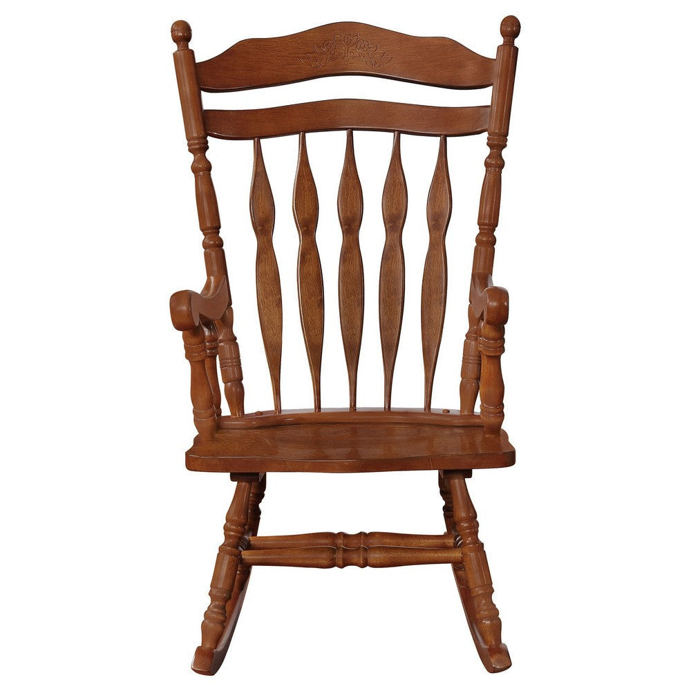 Lyne Rocking Chair Brown Solid Wood Slatted Arrow Back Turned Arms By Casagear Home BM319007