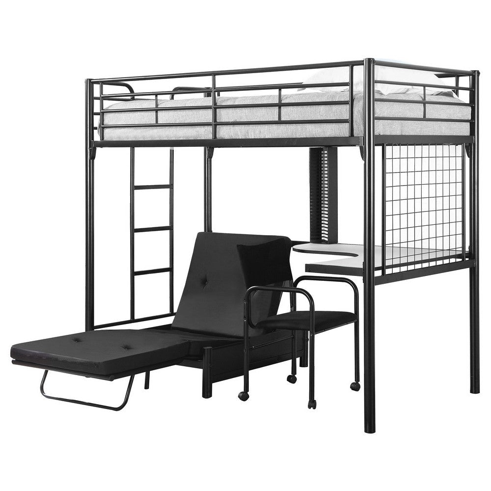 Twin Loft Bed with Convertible Futon Desk Chair in Glossy Black Metal By Casagear Home BM319010