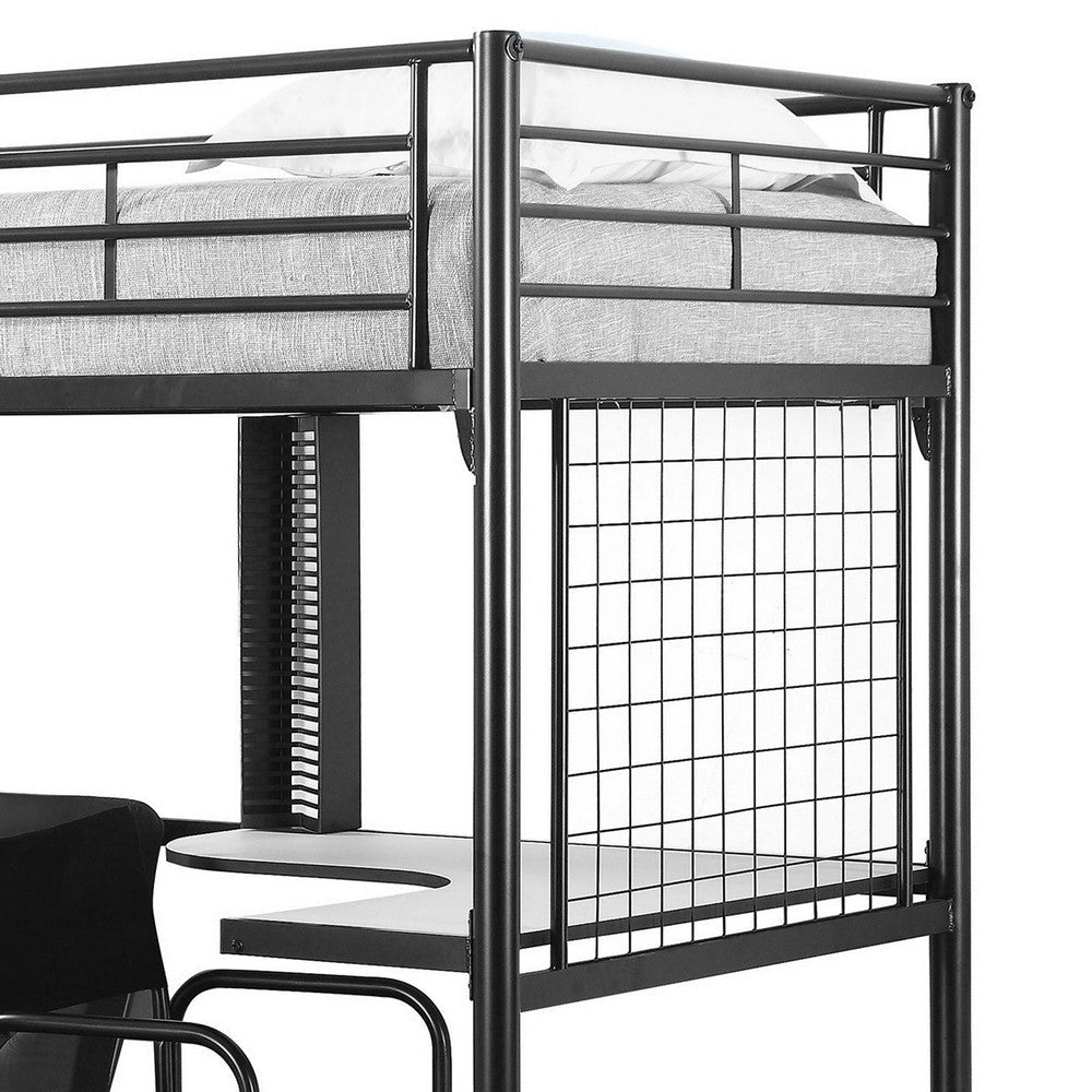 Twin Loft Bed with Convertible Futon Desk Chair in Glossy Black Metal By Casagear Home BM319010