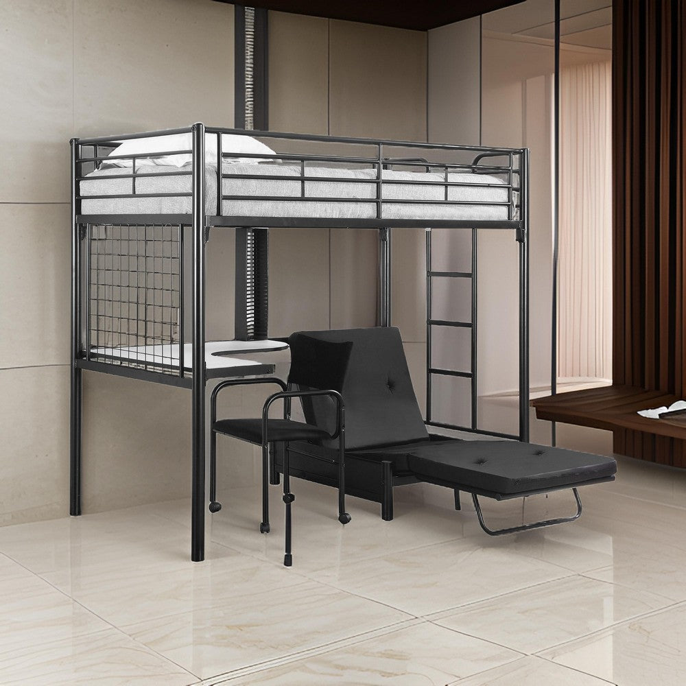 Twin Loft Bed with Convertible Futon Desk Chair in Glossy Black Metal By Casagear Home BM319010