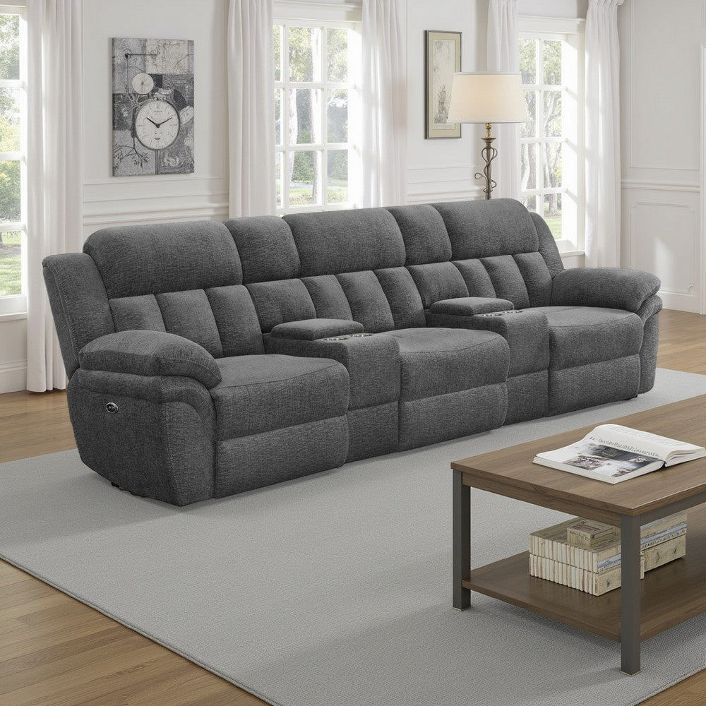 Jak Power Recliner Sofa, 2 Consoles, Cushioned Tufted Seats, Charcoal Gray By Casagear Home