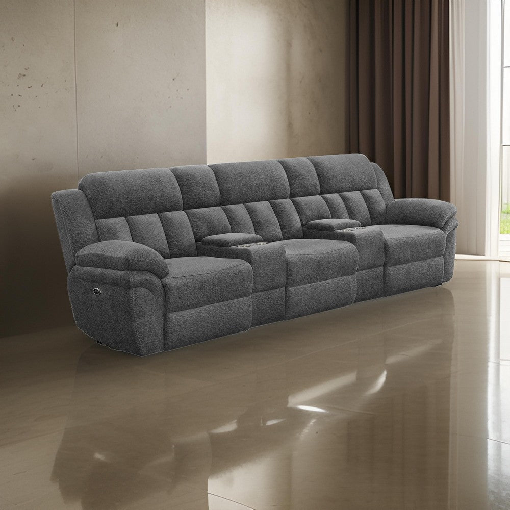 Jak Power Recliner Sofa, 2 Consoles, Cushioned Tufted Seats, Charcoal Gray By Casagear Home