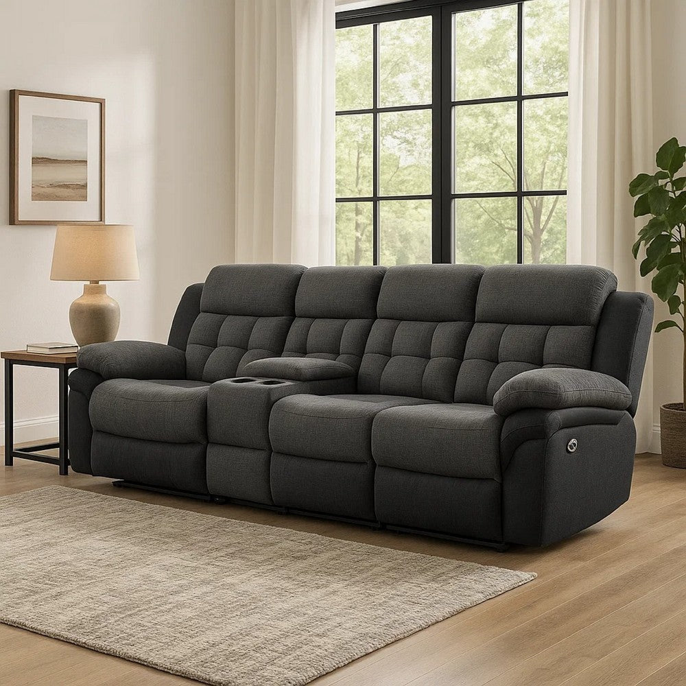 Jak Power Recliner Sofa, 2 Consoles, Cushioned Tufted Seats, Charcoal Gray By Casagear Home