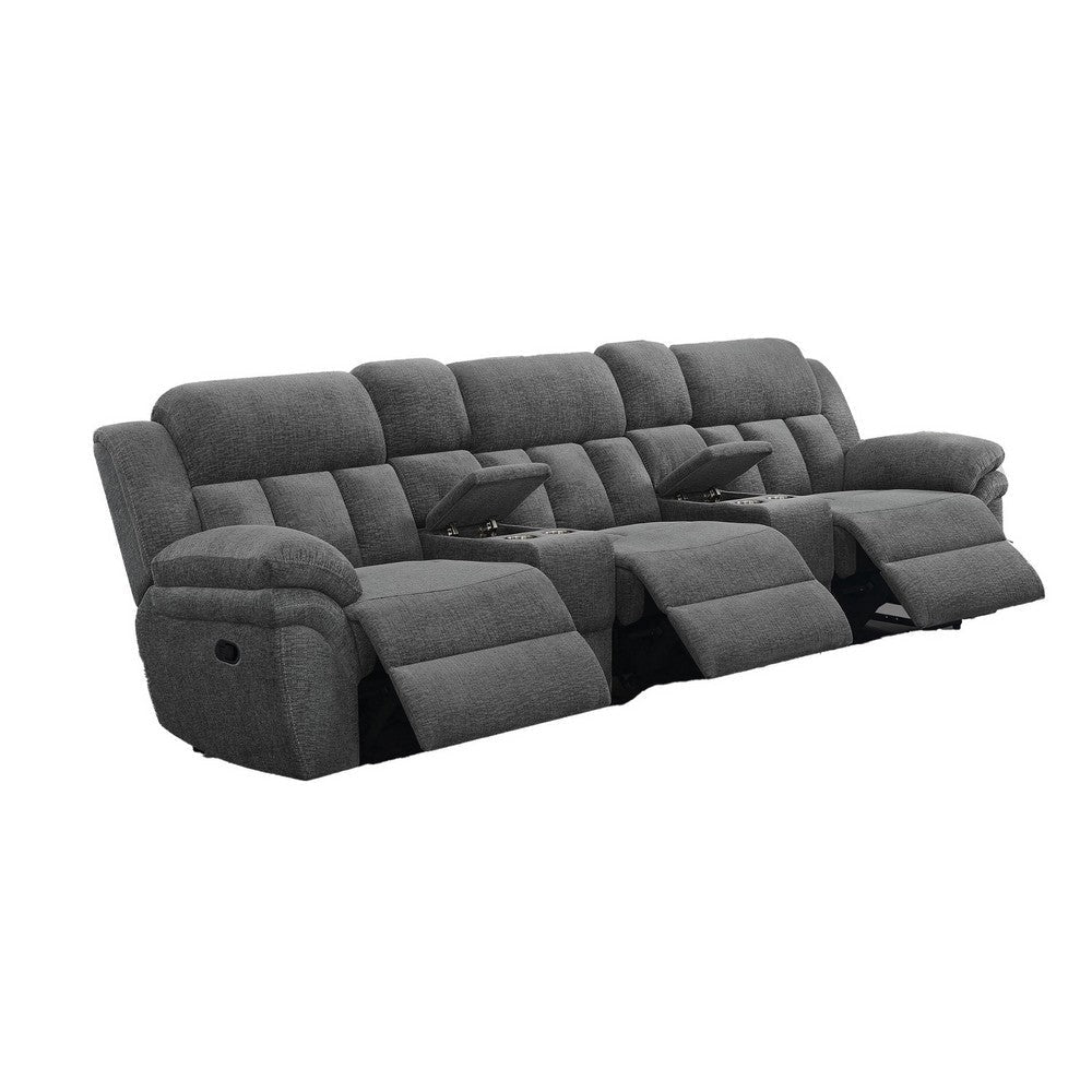 Jak Manual Recliner Sofa, 2 Consoles, Cushioned Tufted Seats, Charcoal Gray By Casagear Home