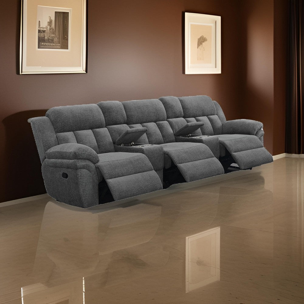Jak Manual Recliner Sofa, 2 Consoles, Cushioned Tufted Seats, Charcoal Gray By Casagear Home
