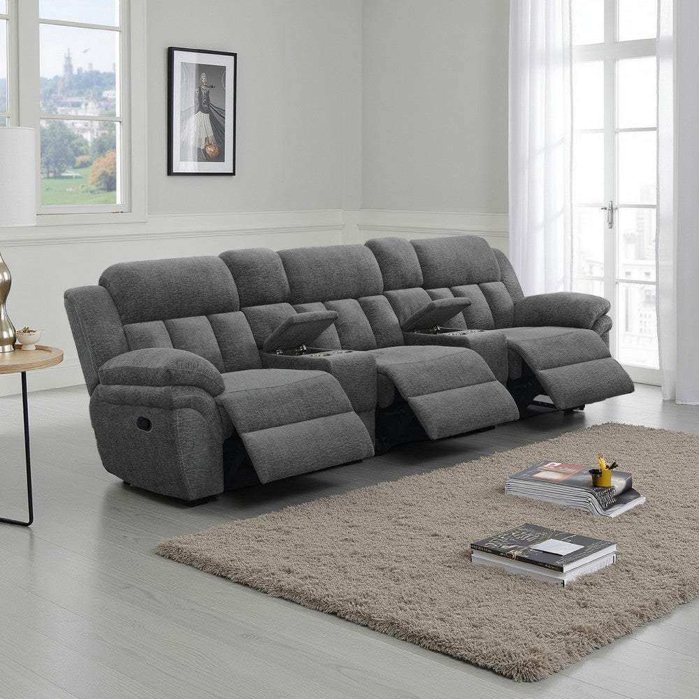Jak Manual Recliner Sofa, 2 Consoles, Cushioned Tufted Seats, Charcoal Gray By Casagear Home