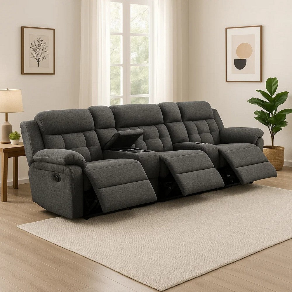 Jak Manual Recliner Sofa, 2 Consoles, Cushioned Tufted Seats, Charcoal Gray By Casagear Home