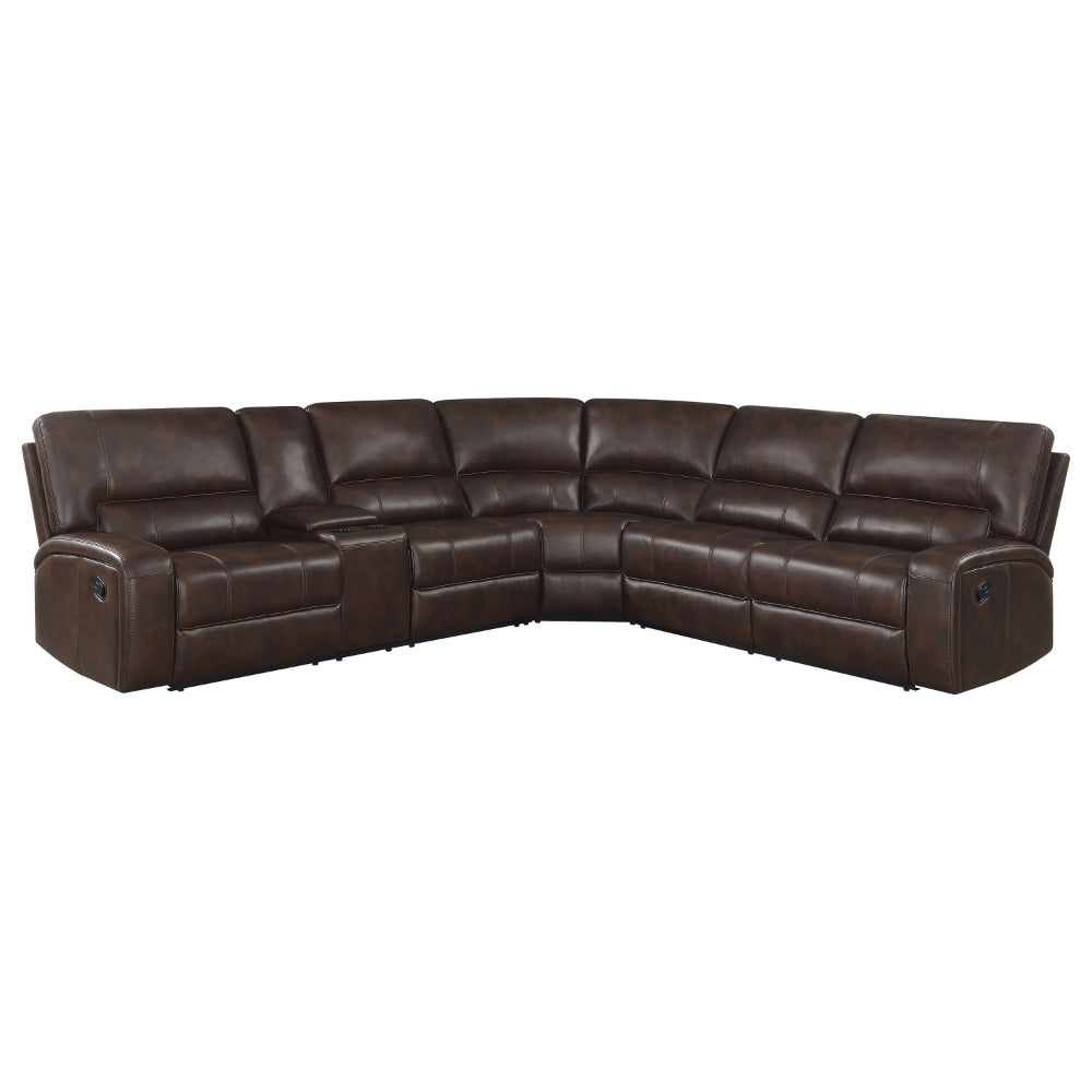 3 Piece Sectional Sofa Motion Recliner, Storage Console, Brown Faux Leather By Casagear Home