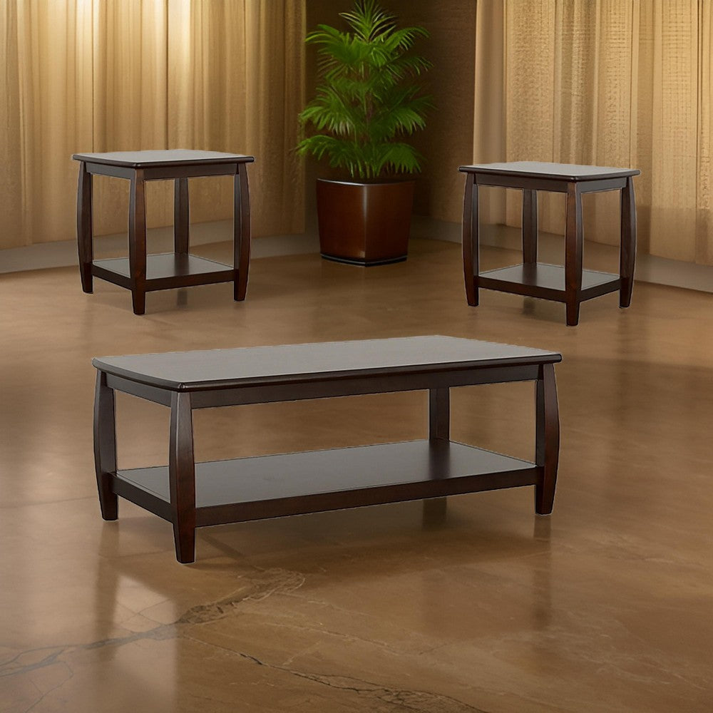 3 Piece Coffee and End Table Set Open Shelves Espresso Brown Solid Wood By Casagear Home BM319017