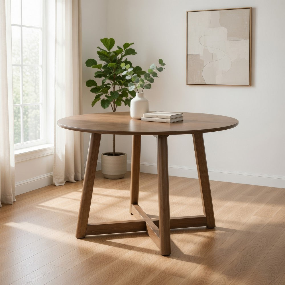 Ellie Dining Table, 47 Inch Round Top, Interlocking Legs, Walnut Brown Wood By Casagear Home
