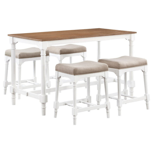 Hima 5 Piece Counter Height Table Set with 4 Stools, Beige Fabric, White By Casagear Home