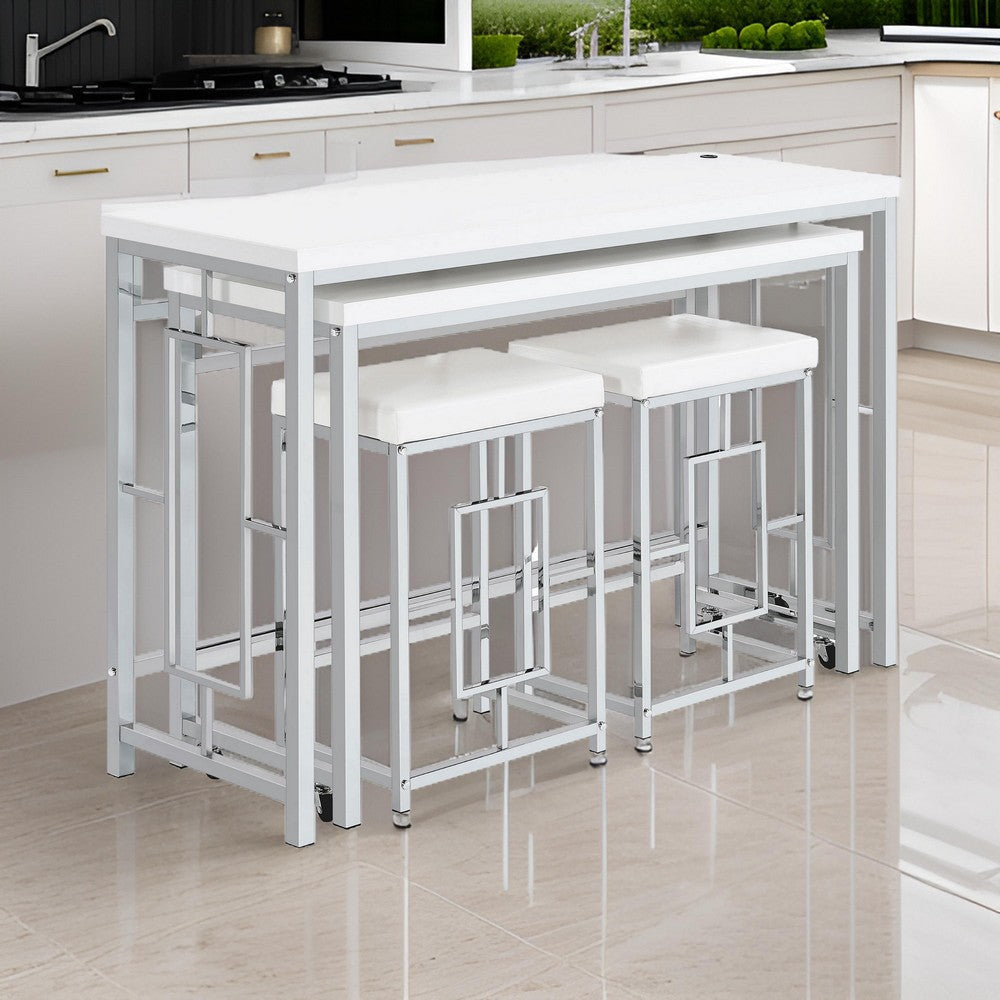 Jackie 4pc Counter Set, 2 Tables, 2 Stools, USB Port, White Faux Leather By Casagear Home