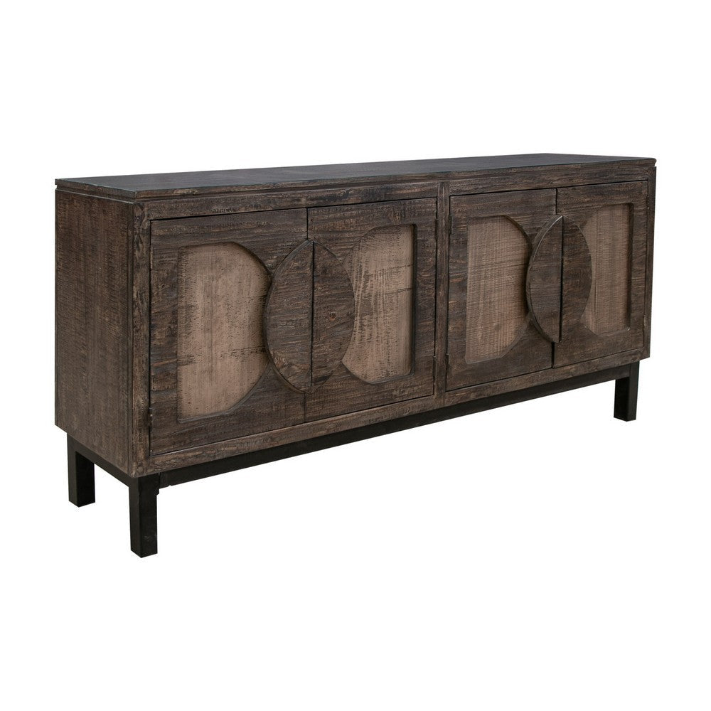 Aose 69 Inch Sideboard Buffet Console, 4 Doors, Carved Brown Solid Wood By Casagear Home