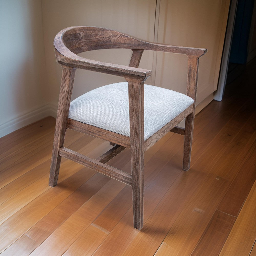 Kohl Armchair, Handcrafted Brown Wood Frame, Curved, White Upholstered Seat By Casagear Home