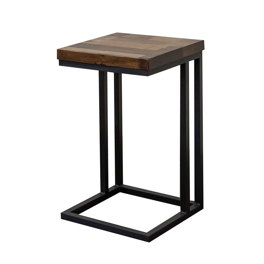 Tina Side End Table Square Brown 15 Inch Wood Top C Shape Black Metal By Casagear Home BM319053