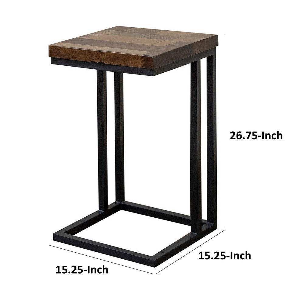 Tina Side End Table Square Brown 15 Inch Wood Top C Shape Black Metal By Casagear Home BM319053