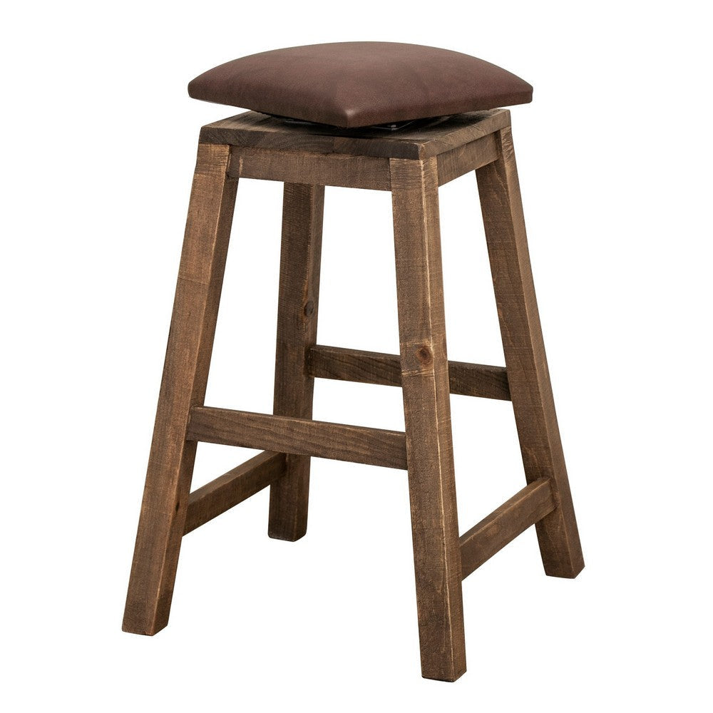 Heza 30 Inch Swivel Barstool Cushioned Seat Faux Leather Brown Wood By Casagear Home BM319055