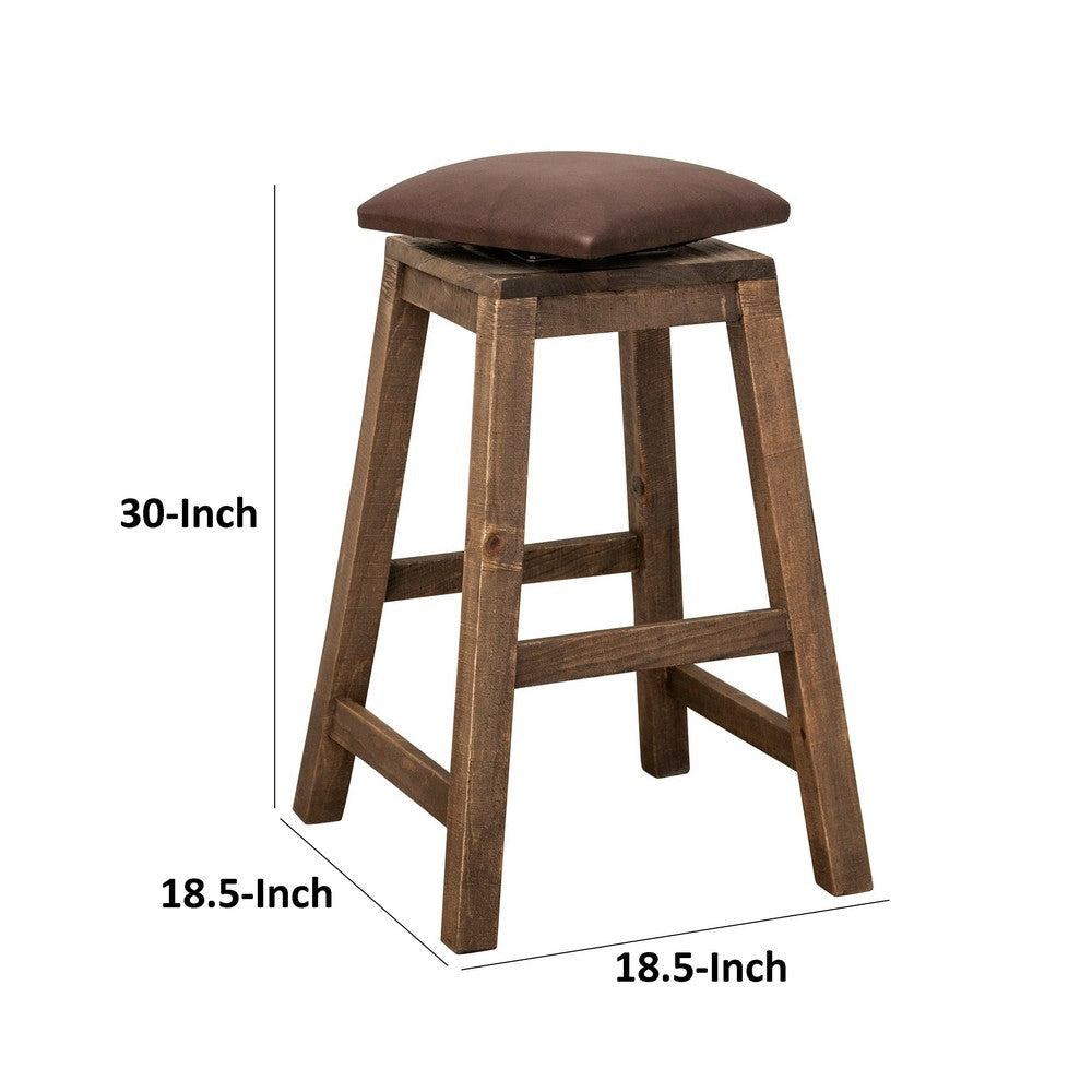 Heza 30 Inch Swivel Barstool Cushioned Seat Faux Leather Brown Wood By Casagear Home BM319055