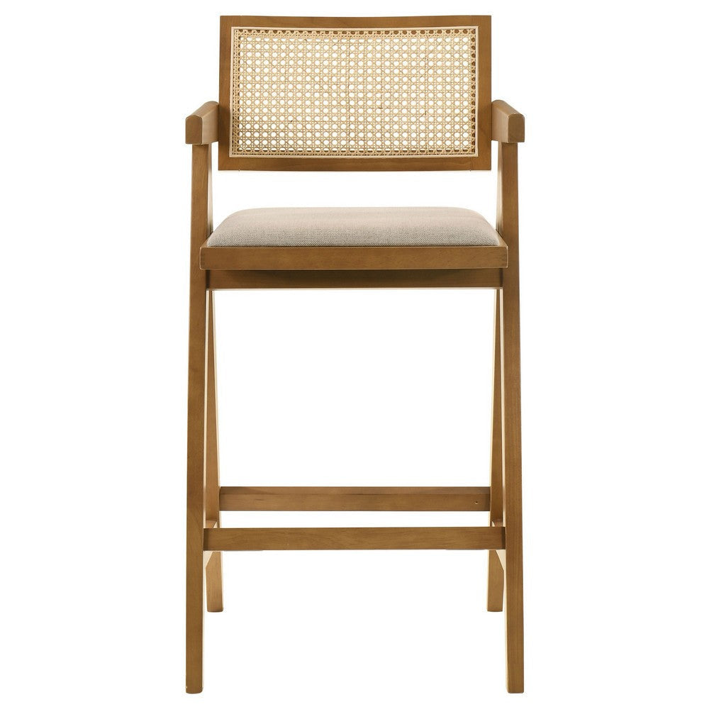 Jane Barstool Chair Set of 2 Sand Beige Rattan Walnut Brown Solid Wood By Casagear Home BM319063