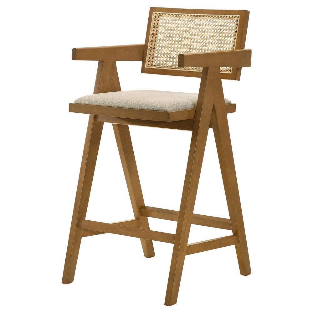 Jane Barstool Chair Set of 2 Sand Beige Rattan Walnut Brown Solid Wood By Casagear Home BM319063