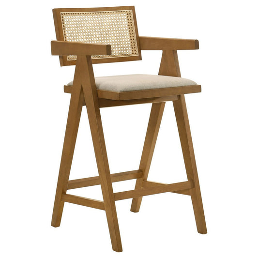 Jane Barstool Chair Set of 2, Sand Beige Rattan, Walnut Brown Solid Wood By Casagear Home