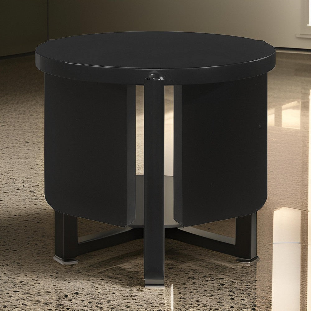 Kiya Side End Table, Panel Legs, 27 Inch Round Black Solid Wood Frame By Casagear Home