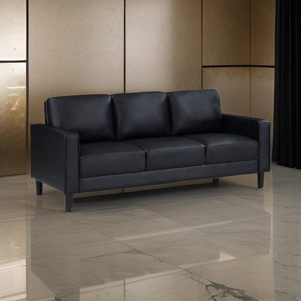 Rumi Sofa, Black Faux Leather, Modern Track Arms, Foam Cushions, 77 Inch By Casagear Home